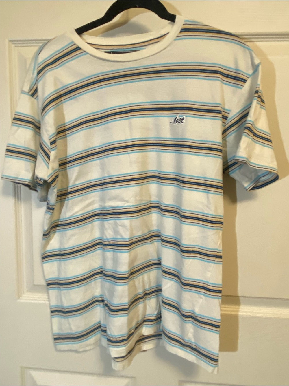 Lost Men’s Short-Sleeve Crewneck Tee in White, Blue and Tan Stripes